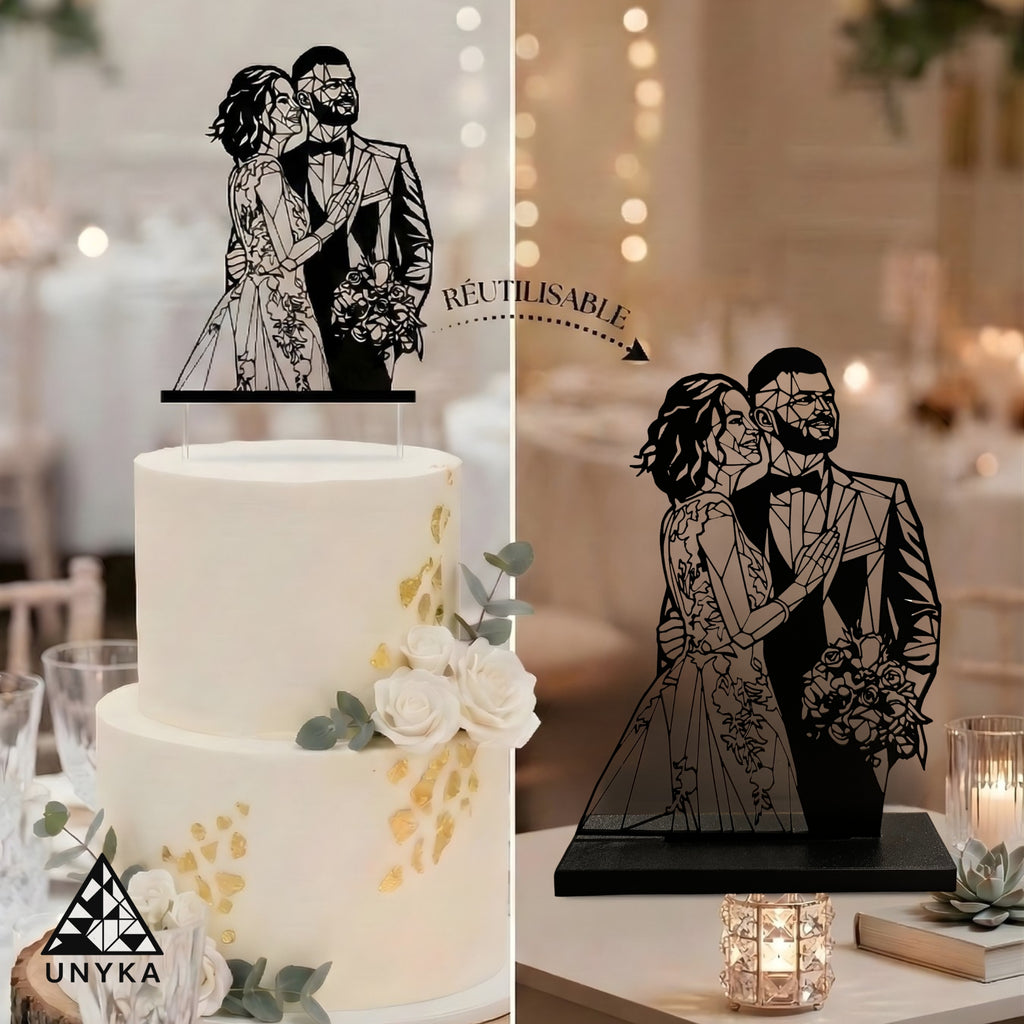 Cake topper géométrique personnalisé réutilisable - figurine couple mariage 3D - Unyka
