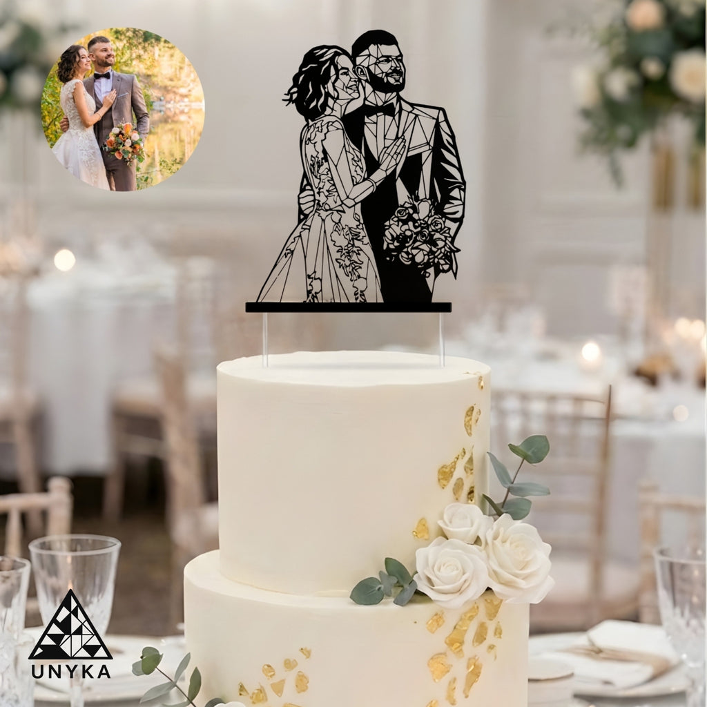 Cake topper personnalisé géométrique couple sur gâteau de mariage - Unyka